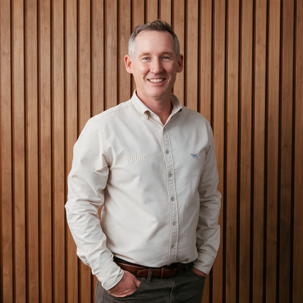 Sentinel Homes founder at the door of an award-winning home